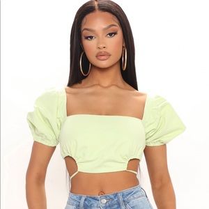 Fashion Nova Lime Green Puff Sleeve Tie Backless Crop Top Size Small